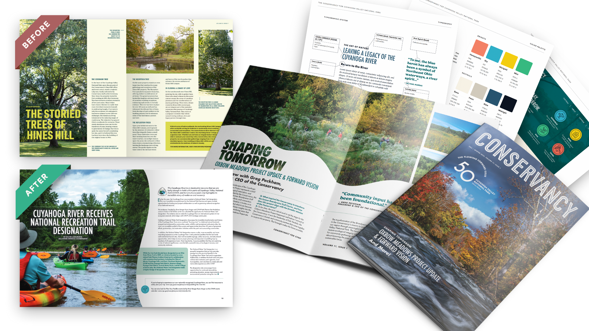 We supported the Conservancy for Cuyahoga Valley National Park with a brand refinement, introducing new visual elements and patterns, and updating the color palette for cohesion.