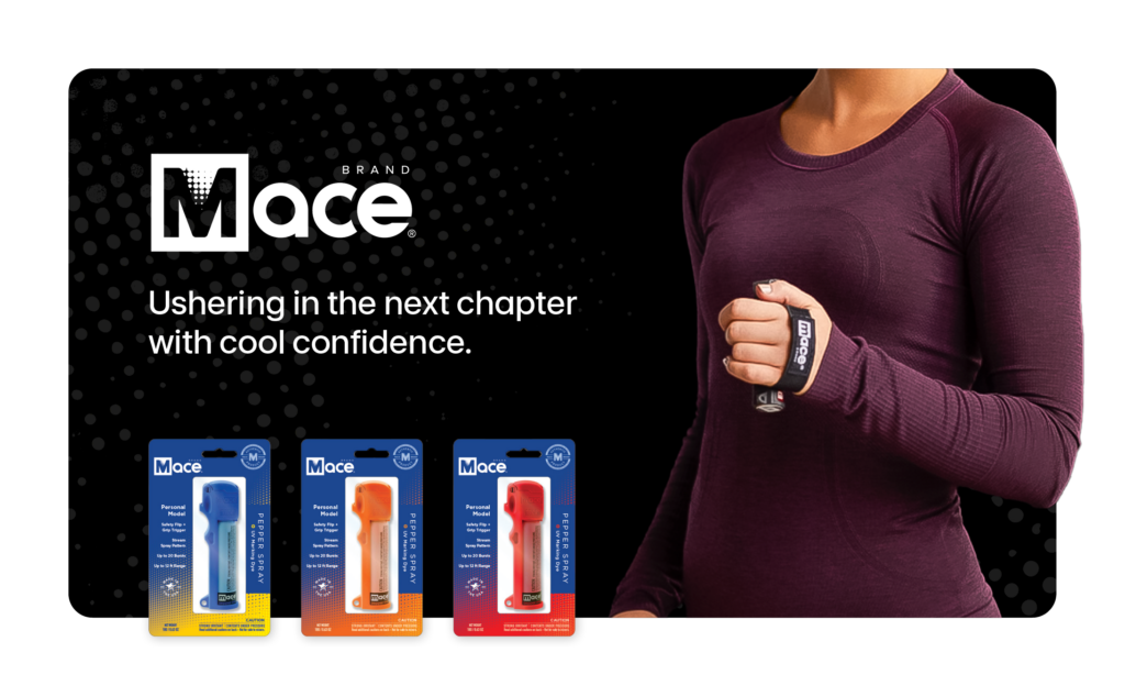 A black background with three Mace pepper spray products next to a woman holding a pepper spray canister in her hand.